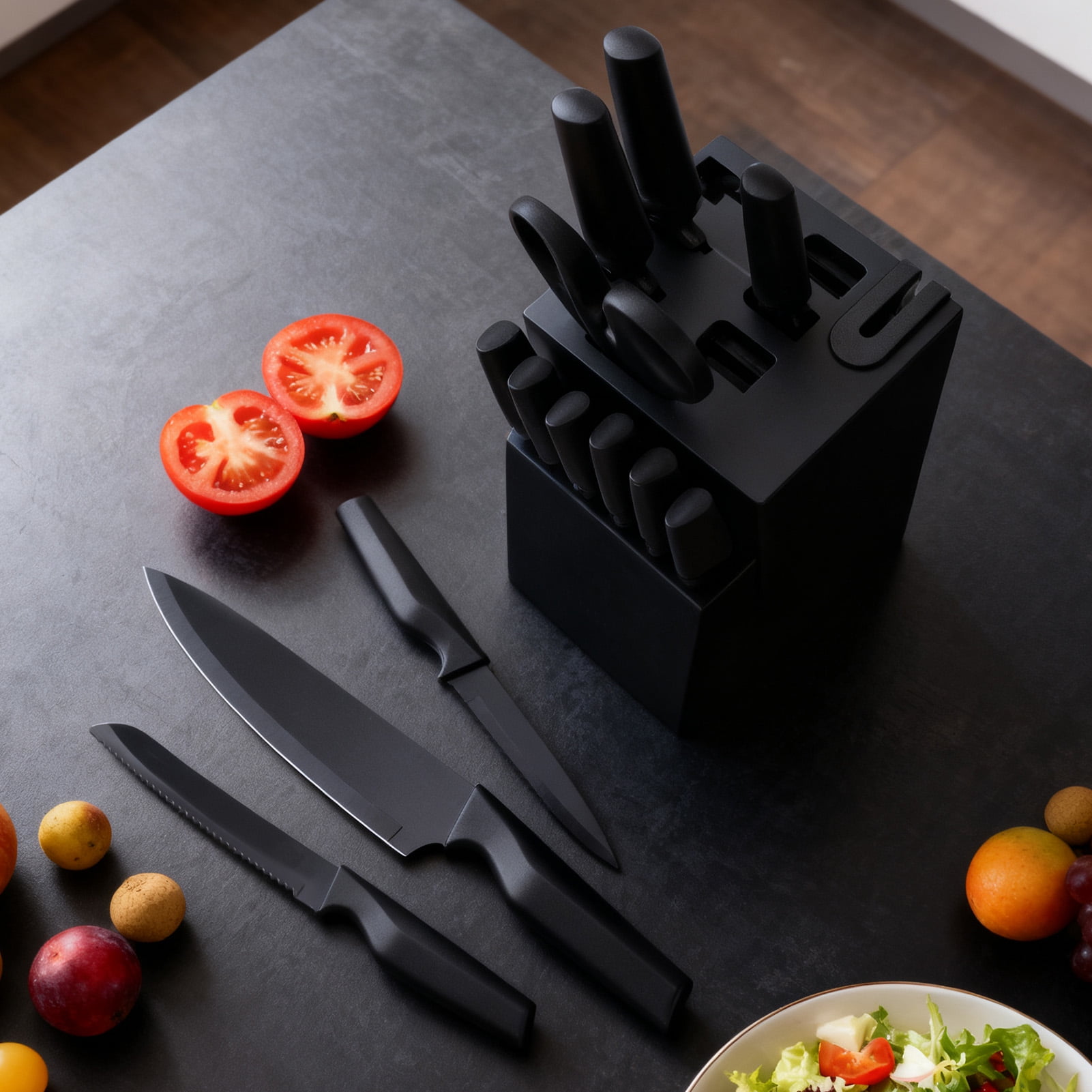 Tebru Kitchen Knife Set, 14 Pcs Knives Block Set with Built-in Sharpener, Healthy Anti-Rust Coating & Stainless Steel Knife Set, Dishwasher Safe Black