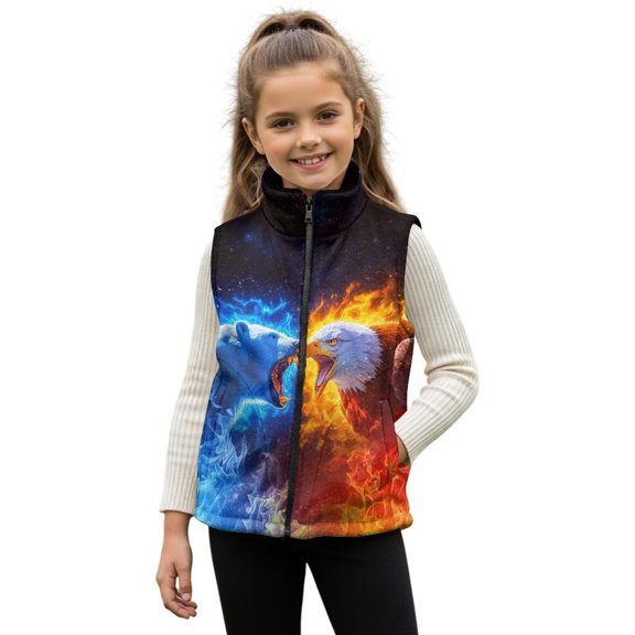 Garronmavis Cool Bear Full Zip Vest Wind Proof Eagle Boys Zippered Vest Comfortable Winter Lightweight Sleeveless Fleece Jacket with Pocket Soft Warm Sleeveless Jacket for Spring Fall