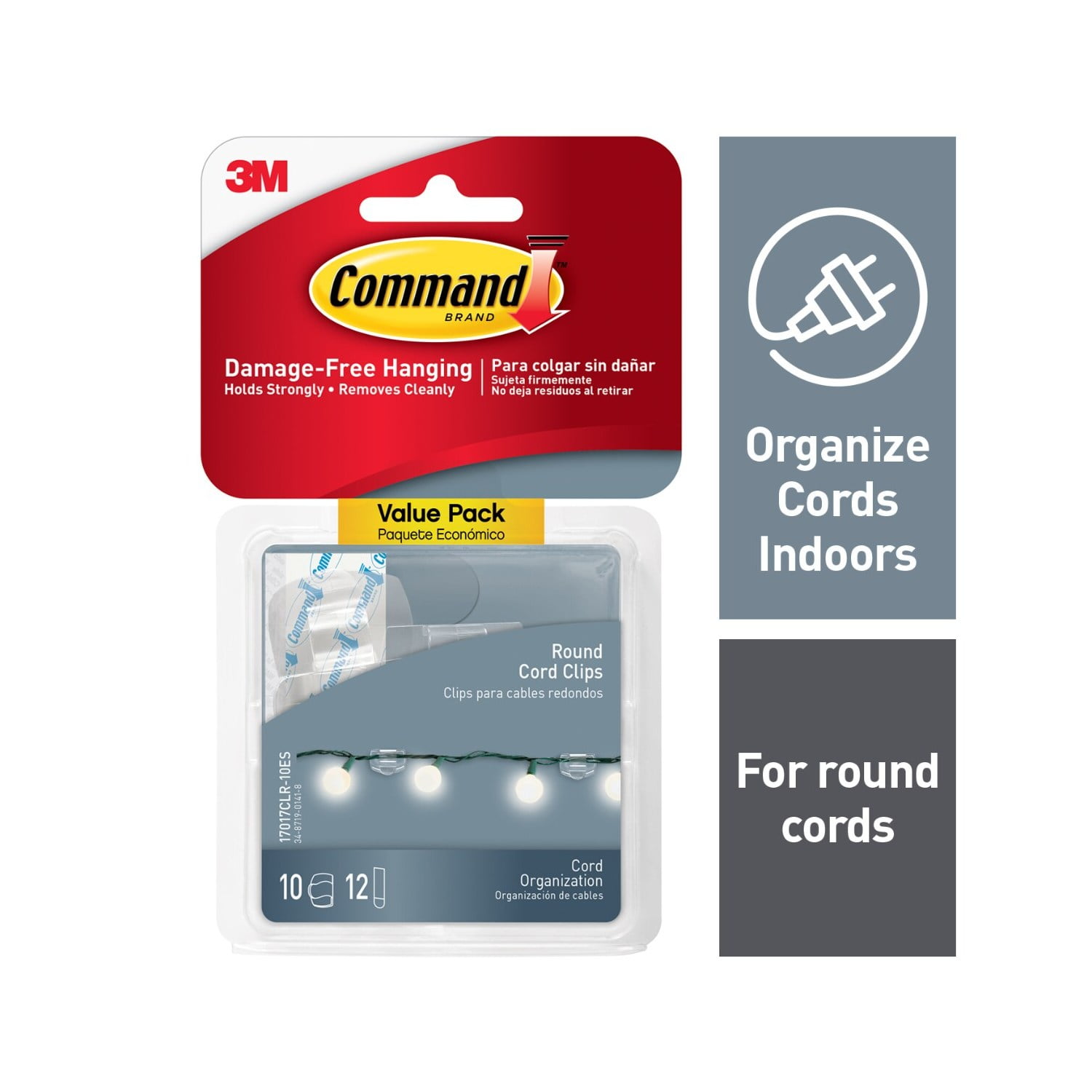 (3 pack) Command Round Cord Clips, Clear, Damage Free Organizing, 10 Cord Clips and 12 Strips