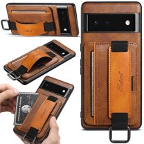 Feishell Case for Google Pixel 6 (6.4 inch),Shockproof Retro PU Leather Credit Card Pocket Holder Portable Metal Ring Wristhand Strap Kickstand Anti-Scratch Slim Phone Case,Brown