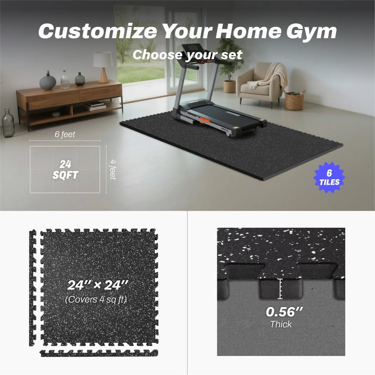 AIRHOP 0.56in Thick 24 Sq Ft Exercise Equipment Mats, 6 Tiles