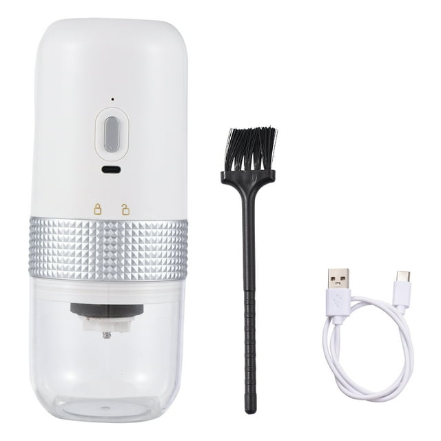 Moulin à Café Électrique Portable 13 W 200 ml, Rechargeable par USB, Réglage Réglable, Moulin à Grains de Café Sans Fil Blanc, avec Noyau de Meulage en Céramique et Poignée Texturée Argentée. Comprend une Brosse de Nettoyage Noire et un Câble de Chargement USB Blanc. design Compact Adapté aux Voyages, au camping, au Bureau et à la Maison.