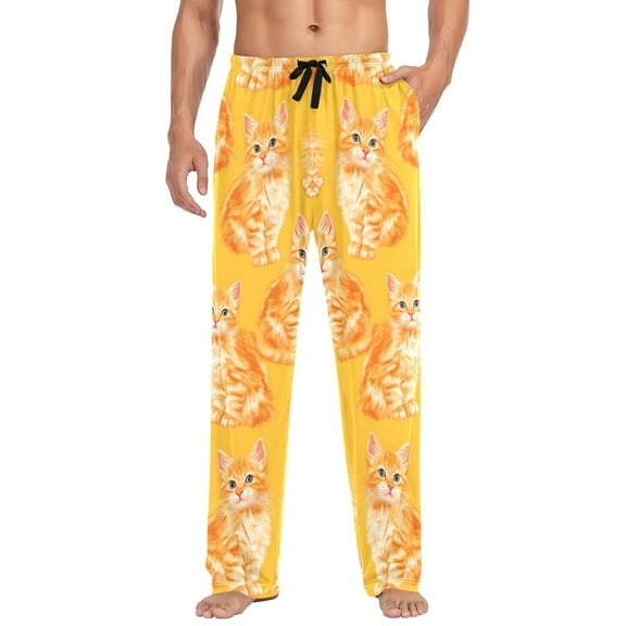 Cotton Mens PJ Pajama Pants Bottoms Waistband Sleepwear with Pockets Cute Orange Cat