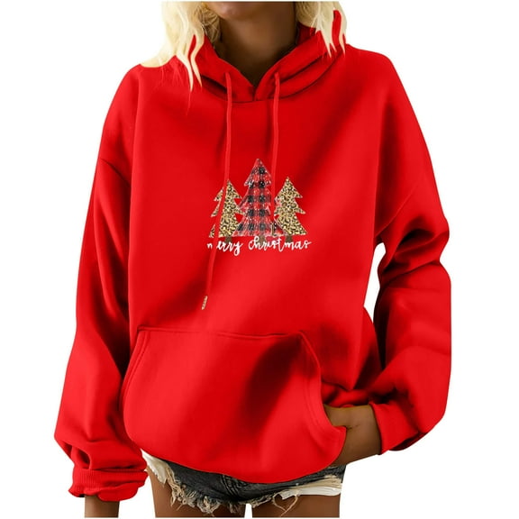 HAiming Women's Pullover Sweatshirts Christmas Printed Drawstring Long Sleeve Casual Loose Hoodie Tops with Pocket