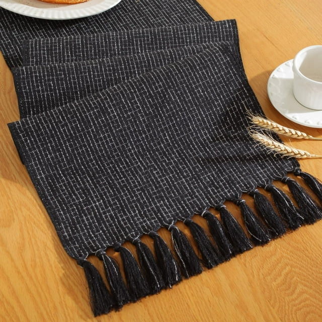 Nvzi Camino de mesa con borlas, negro, 33x122cm - Camino de mesa de poliéster, camino de mesa fino, camino de mesa rústico, camino de mesa decorativo para el hogar