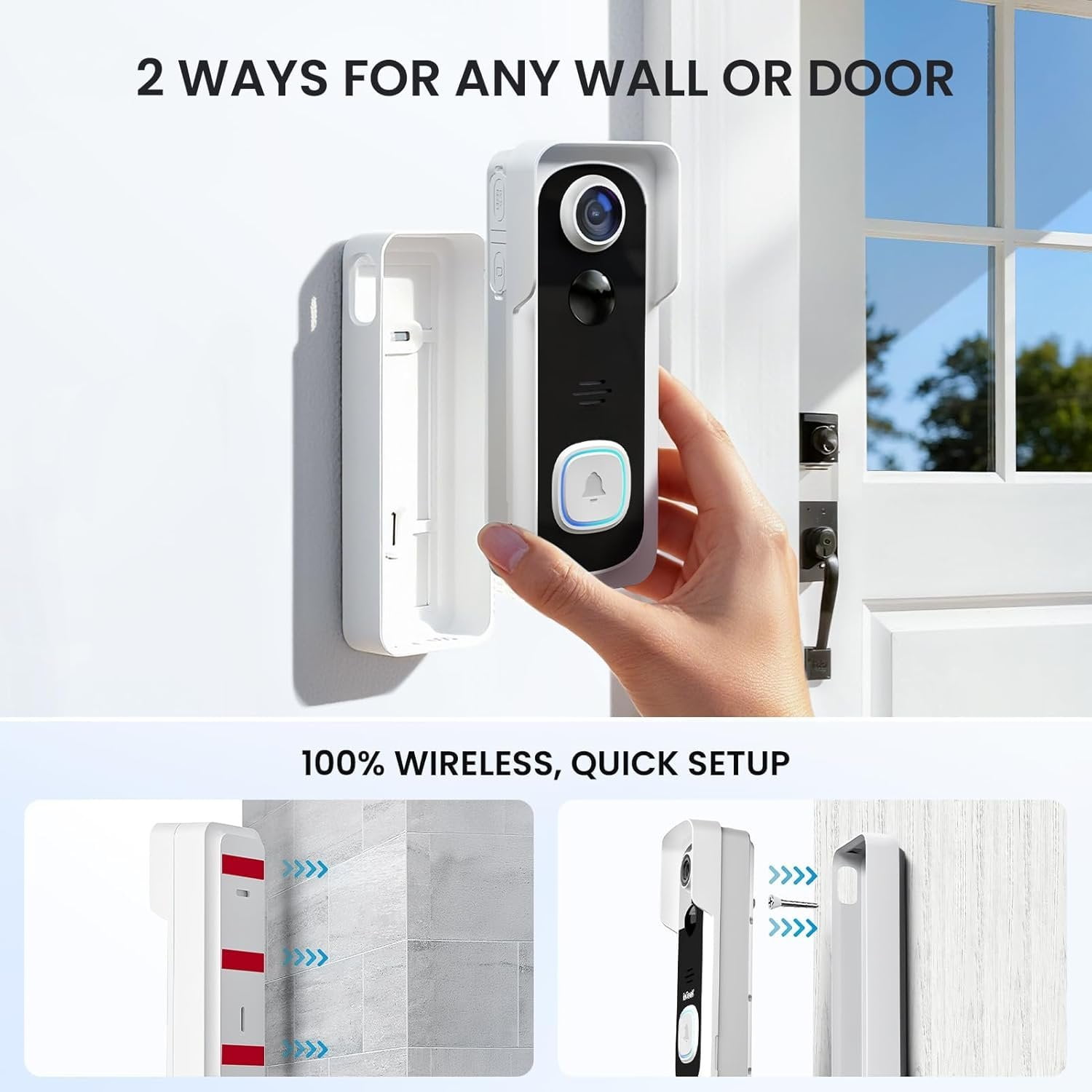 Doorbell Camera No Subscription, 3MP View, 2-Way Talk, PIR Motion Detection, Video Doorbell with Chime, Only Supports 2.4GHz WiFi, Local & Cloud Storage, White