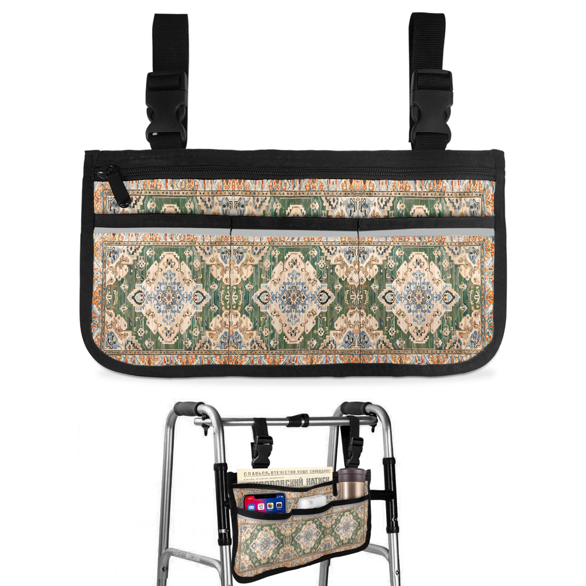 Boho Wheelchair Side Bag Walk Bag Basket, Green Brown Ethnic Tribe Abstract Vintage Western Wheelchair Accessories Armrest Pouch, Organizer Storage Bags for Walkers, Rollators, Scooters, 7.3"x13"