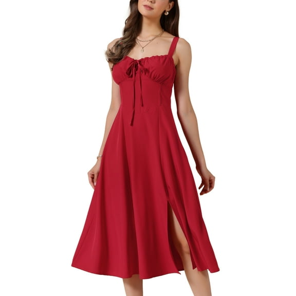 INSPIRE CHIC Spaghetti Strap Dresses for Women Scoop Neck Side Slit Sexy Flowy Midi Dress S Red