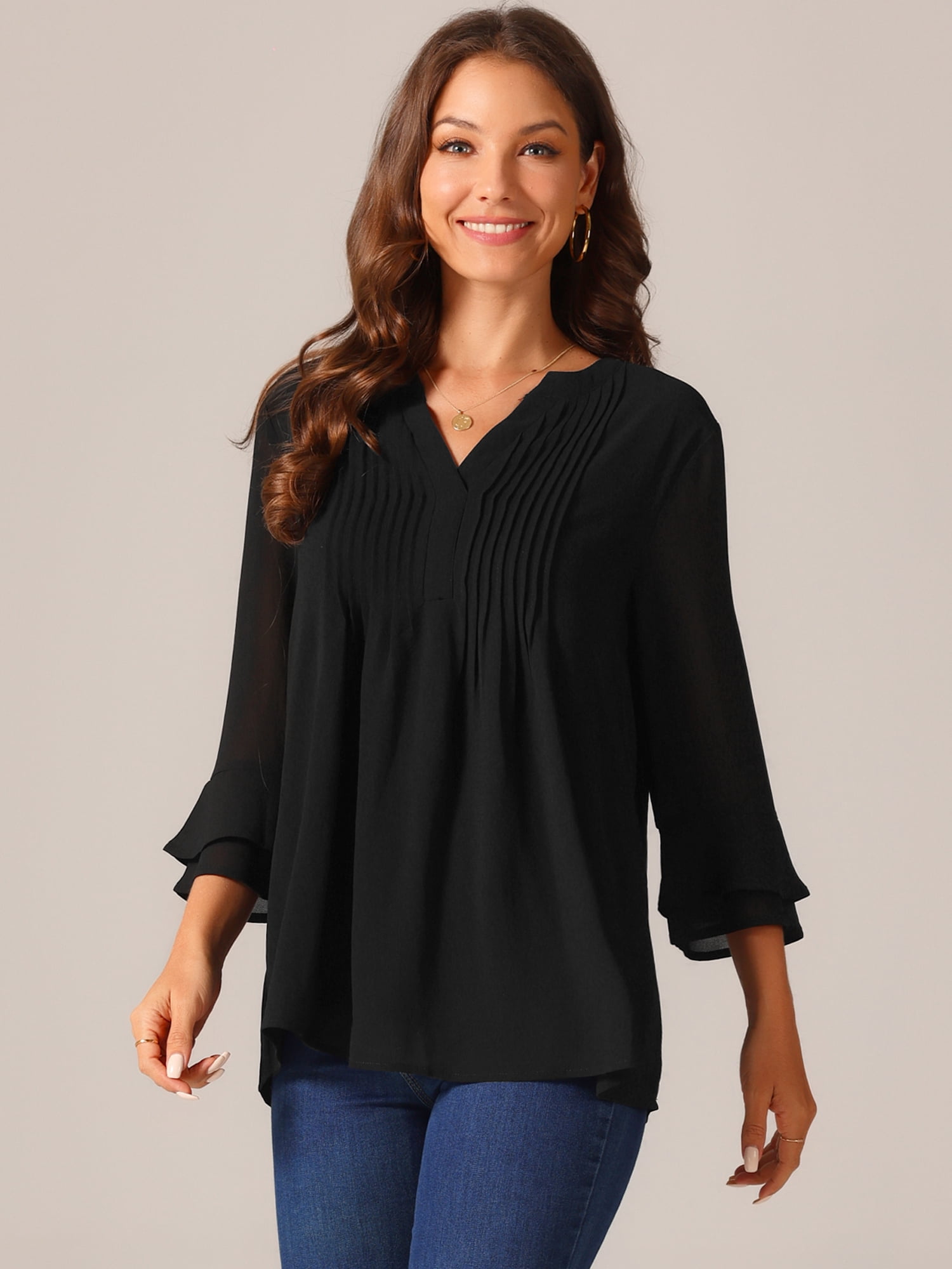DARING DIVA Women's Chiffon 3/4 Sleeve Tunic Tops Blouse Pintuck Shirts M Black