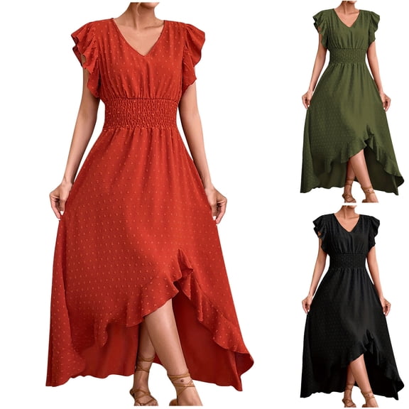 ClodeEU Womens Summer V Neck Ruff Sleeve Elastic Waist Dress, A Line Casual Loose Fit Maxi Dress Army Green,Womens Plus XXL