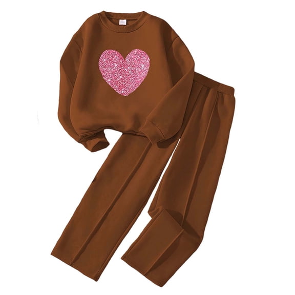 XEGLSBU Baby Girl Outfits Winter Girls' Sweater Design Large Size Heart Pattern Long Sleeve Top and Pants Double Layer Brown Size 10-11 Years