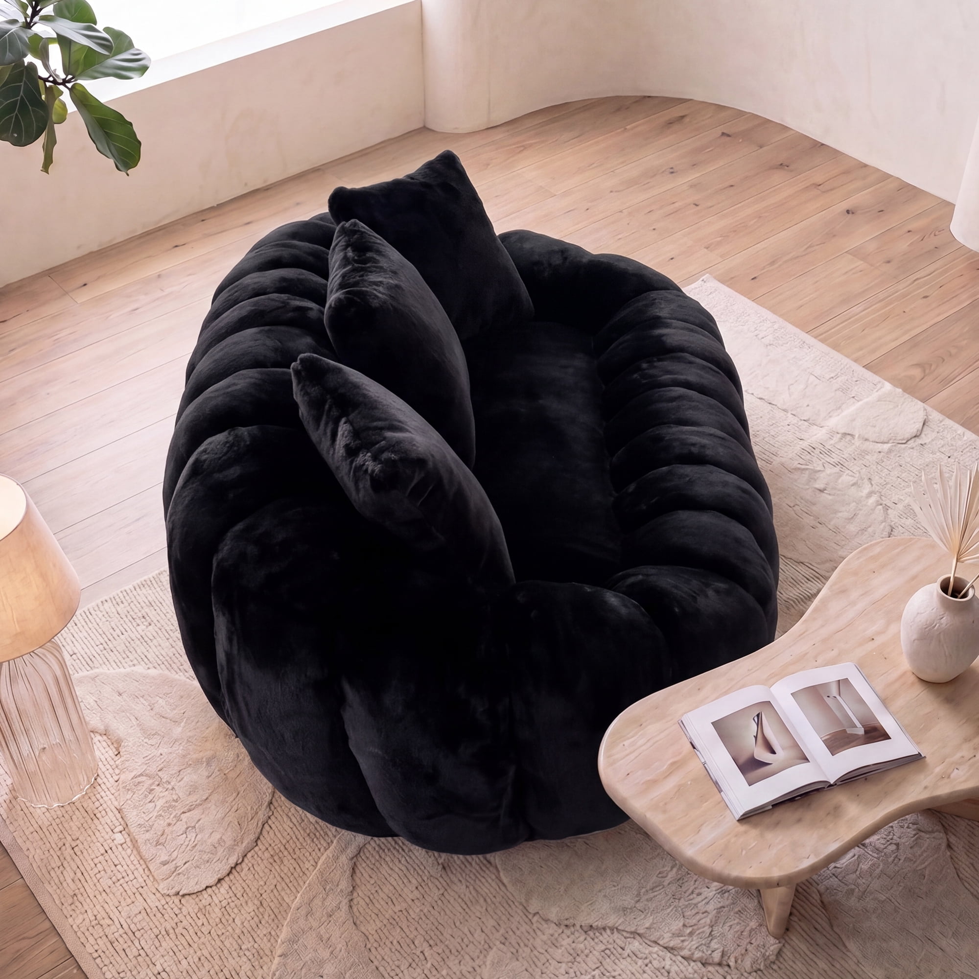 Floral-Shaped Ultra-Soft Faux Fur Sofa, Large Living Room Loveseat for 2 People with High-Density Shredded Foam, Black