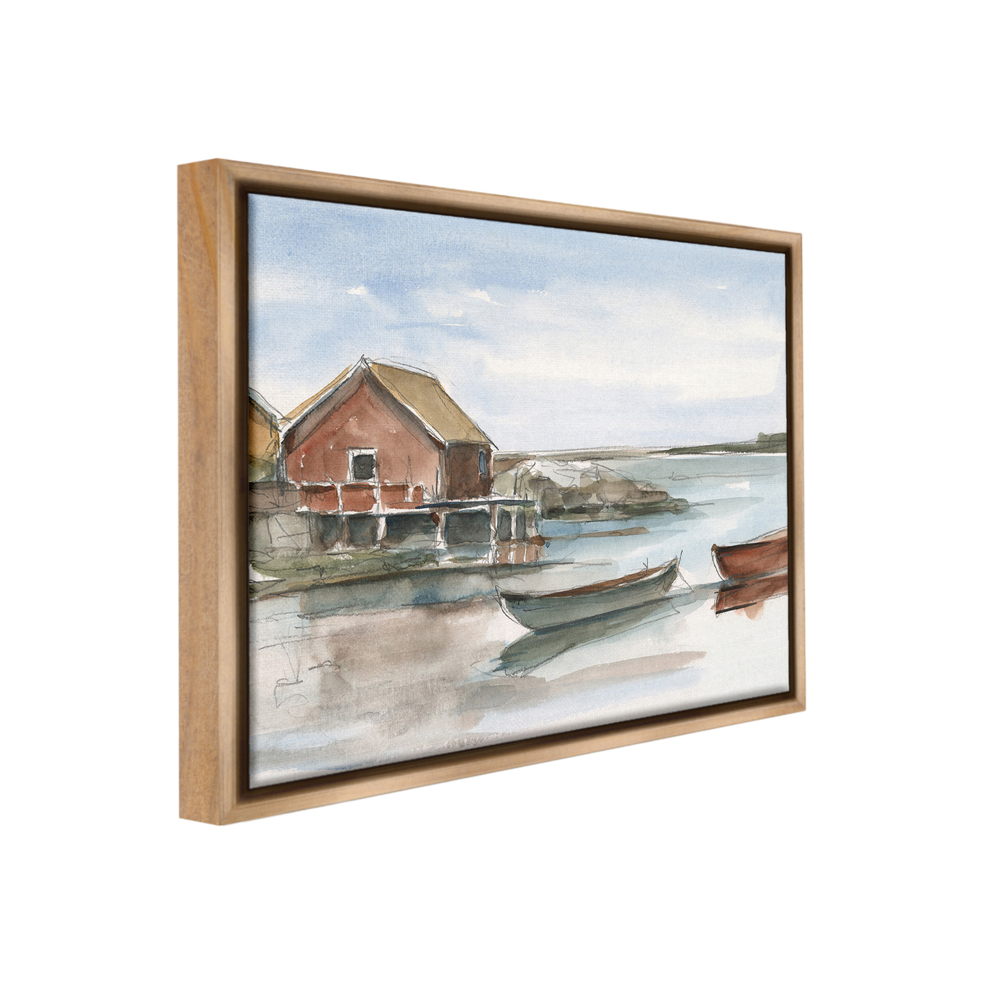 Stupell Industries Rowboats on Shore Landscape Painting Brown Floater Framed Canvas Art Print Wall Art, 31 x 25