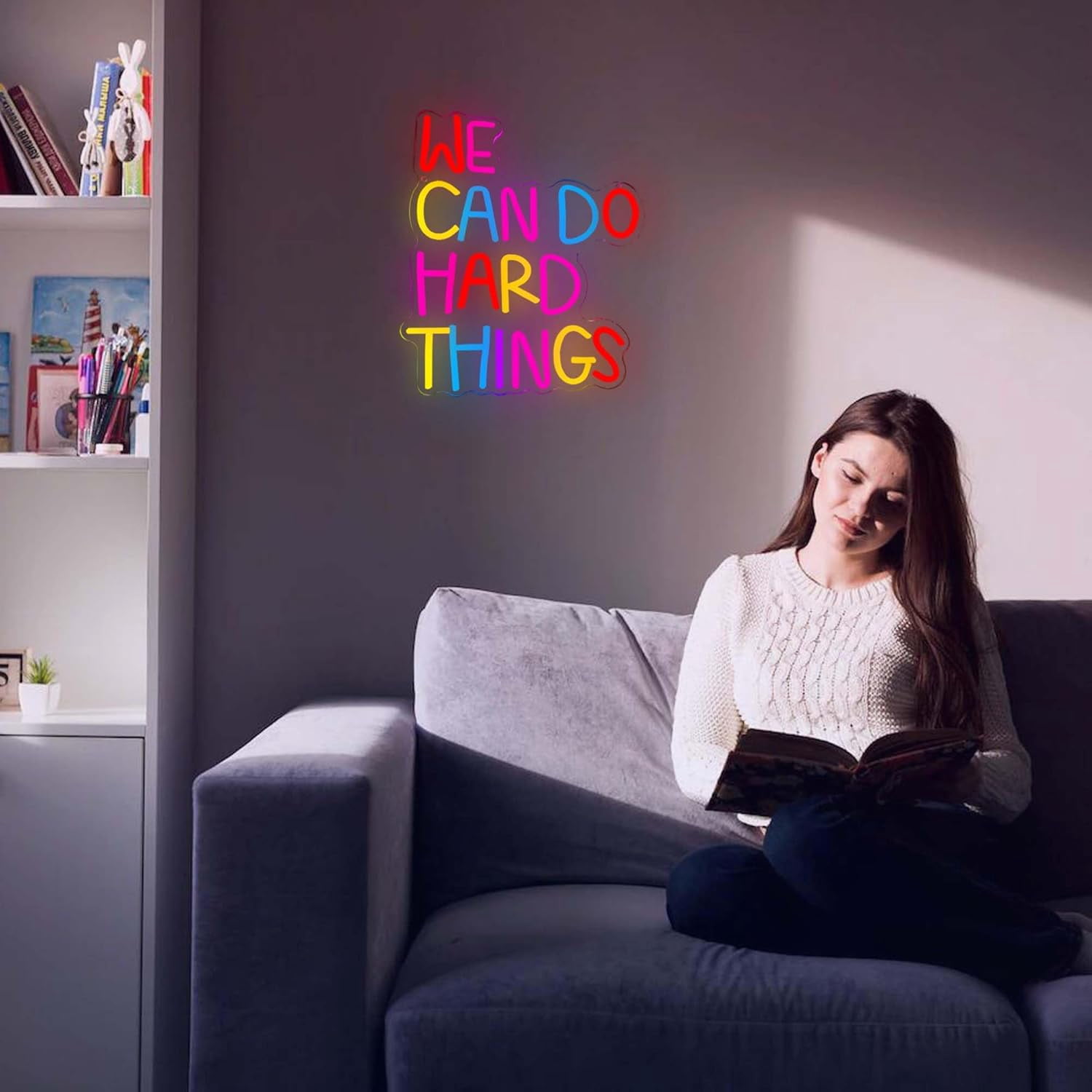 We Can Do Hard Things Neon Signs, 13.3"x 10.6" Dimmable LED Signs for Wall, Neon Light Kids Wall Art Positive Classroom Decor, USB Neon Light for Bedroom Birthday Party Classroom Backdrop Decor