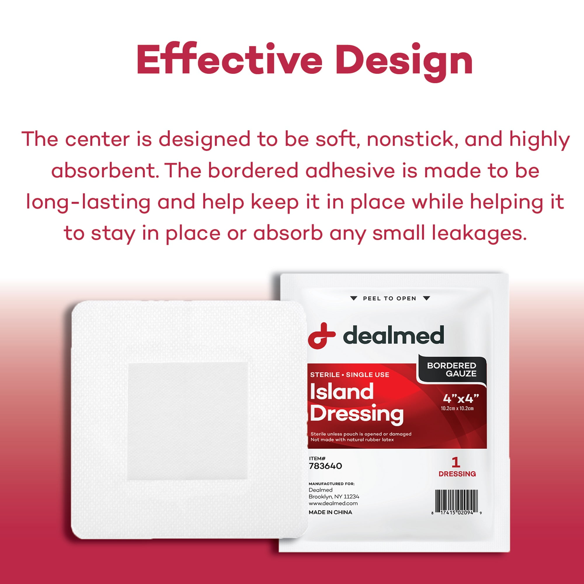 Dealmed Bordered Gauze Island Dressing, Sterile, Individually Wrapped with Adhesive Borders and Non-Stick Pad, 4" x 4", 25/Box (Pack of 6)