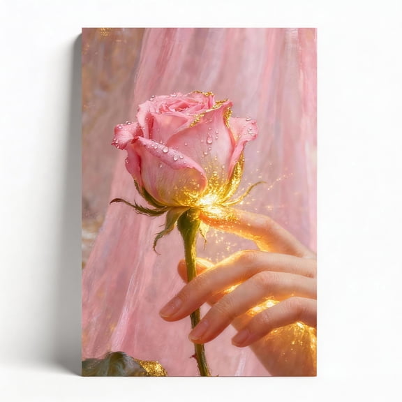 "Enchanted Pink Rose" Canvas Wall Art, Golden Glow Floral Framed Decor, Sparkling Rose & Hand Artwork for Bedroom Living Room, Romantic Feminine Home Decor Ready to Hang 12"x18"