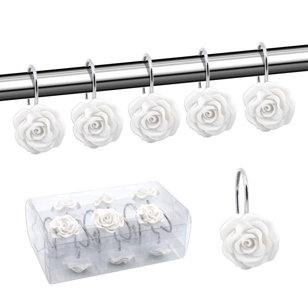 Coolmade Shower Curtain Hooks Home Decorative Rustproof Shower Curtain Hooks Resin Rose Flower Shower Hooks Rings For Bathroom Shower Rods Curtains Set Of 12 Hooks White Walmart Com Walmart Com