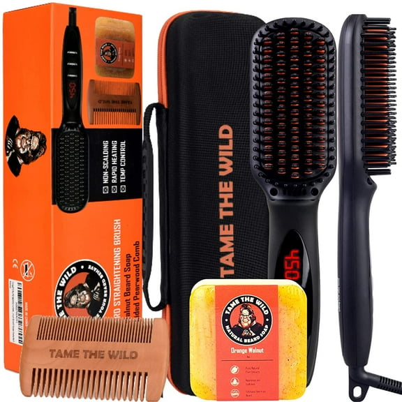 Tame Premium Pro Beard Straightener Brush Kit - ION Technology - Portable Anti-Scald Heated Beard Brush Straightener and Products Included