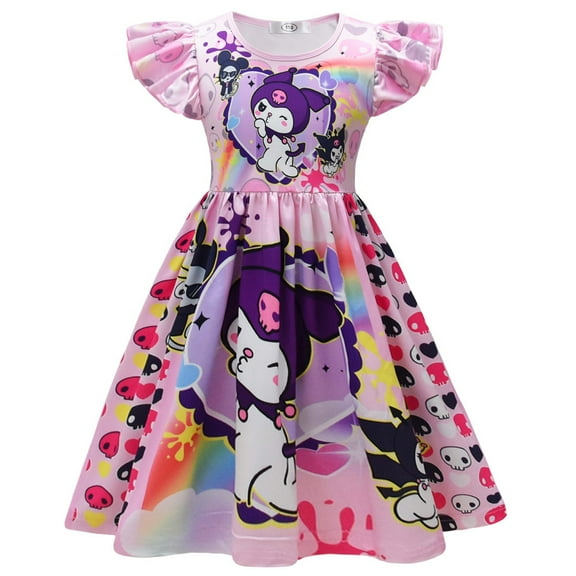 Girls Kuromis Cartoon Graphics Fashion Casual Ruffle Dress Costume Summer Anime Fans Flying Sleeves Short Sleeve Cute Printed Playwear A-line Flutter Fold Skirt Role Play Party Gift Outfits 3-8 