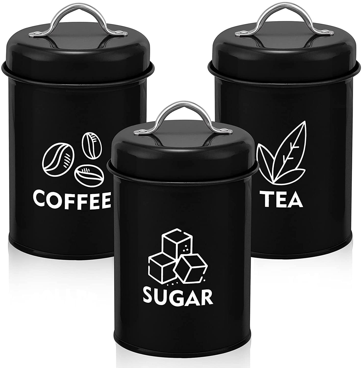 Vesteel 3 Piece Sugar Tea Coffee Kitchen Canister Set Food Storage Jars with Bamboo Lids - Black 4” x 6.89”