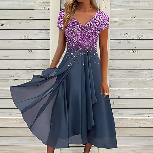 Puntoco Vestido De Manga Corta Con Cuello En V, Vestido De Mujer Con Dobladillo Irregular De Gasa De Manga Corta Plisado Con Cuello En V Estampado (Con Cremallera En El Lateral) Azul Xxxxxl