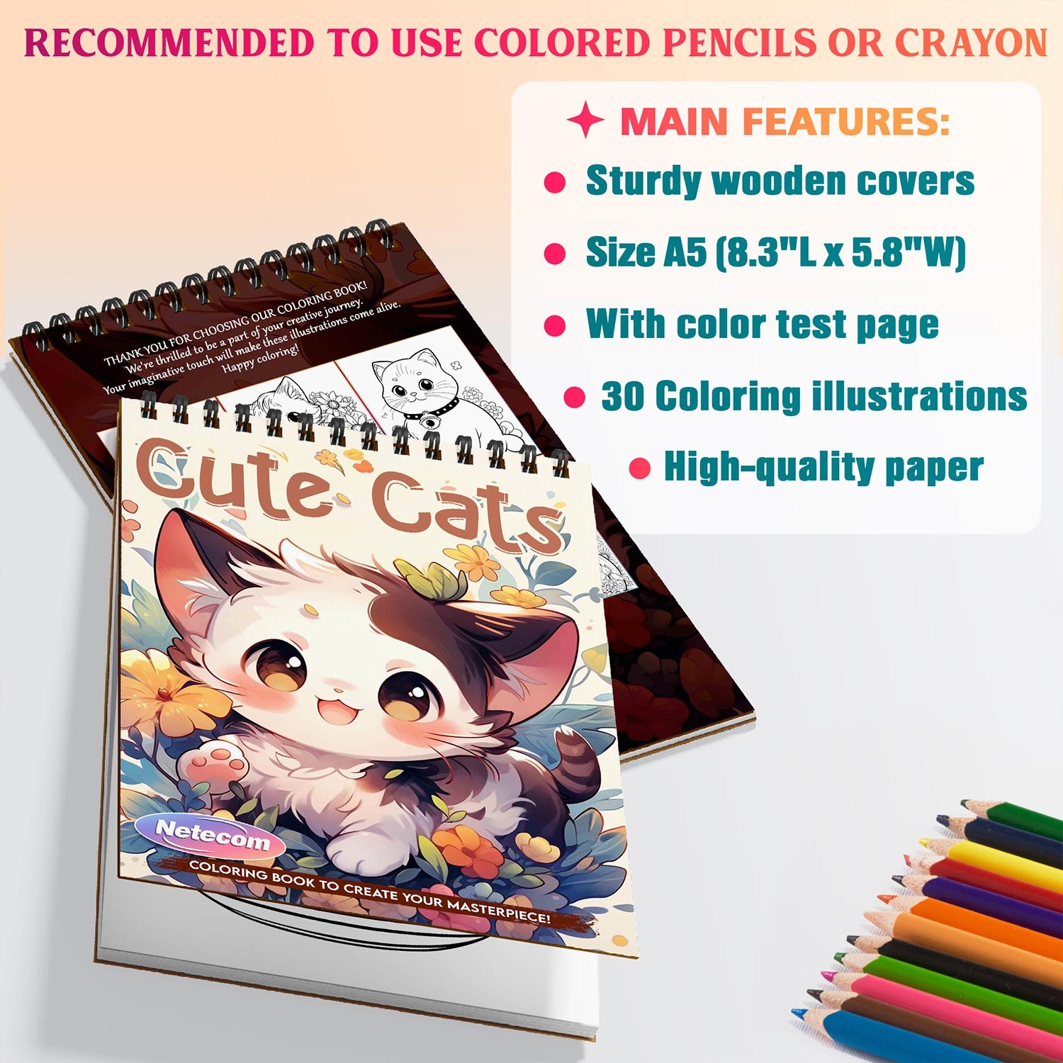 Netecom Cute Cats Spiral Bound Coloring Book for Adults, A5 Wooden Cover, 30 Adorable Coloring Pages of Playful Kittens for Stress Relief and Relaxation
