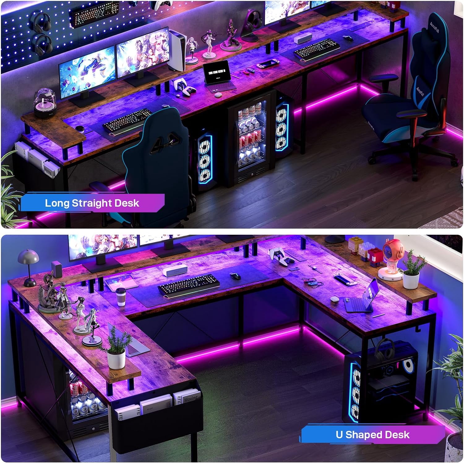 U Shaped Desk with Power Outlets & LED Lights, 79" Reversible L Shaped Desk, Corner Computer Desk Office Desk with Full Monitor Stand,Rusitc Brown