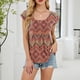 thumbnail image 2 of Tops de Cuello Redondo para las Mujeres Impreso Plegado Hombro Insertado Blusa, Manga Corta Nylon Spandex Top para el Hogar Y el Uso Casual Diario, 2 of 8