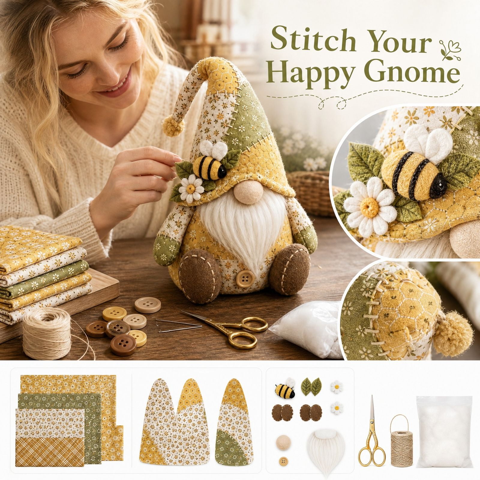 Gnome Sewing Kit DIY Plush Fabric Craft Kit Patchwork Bee and Daisy Pattern with Sewing Tools Handmade Spring Decor Gift for Adults