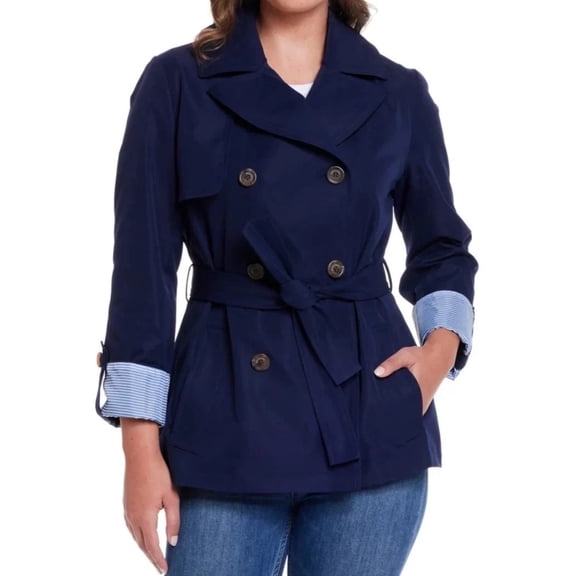 Weatherproof Women's Lightweight Double Breasted Tie Waist Trench Coat, Navy, XXL