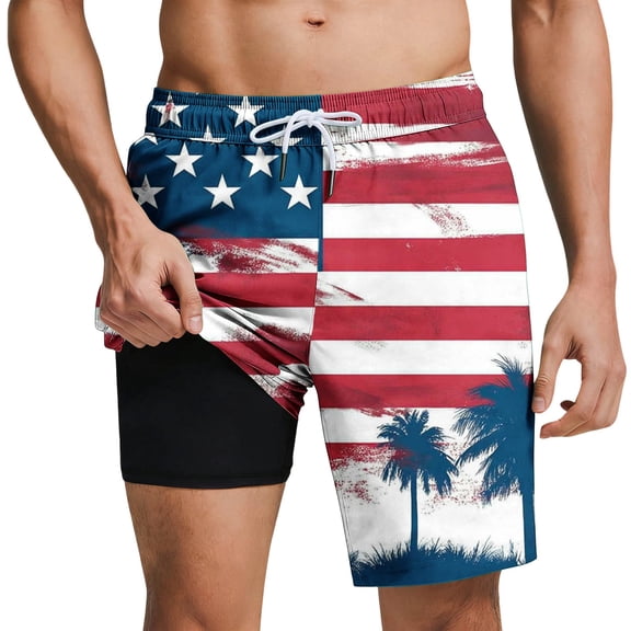 Lopecy-Sta Mens Swim Trunks with Compression Liner Quick Dry Bathing Suit with Pockets, No-Chafing Swim Shorts Vacation Clothes Beach Shorts