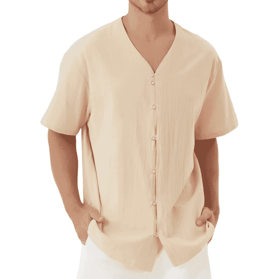 Puztloy Men's Linen Shirts Short Sleeve Casual Shirts Button Down Shirt for Men Beach Summer Wedding Shirt