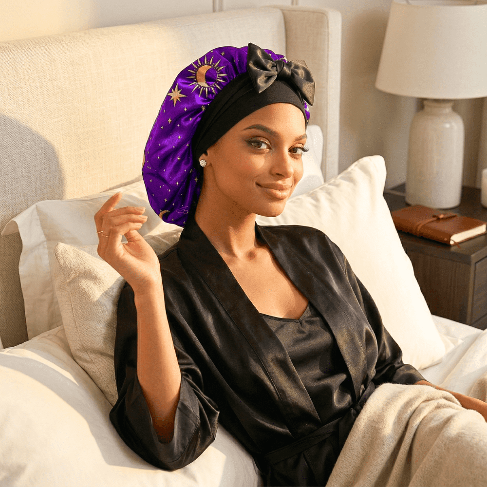 Prince Hair Company Large Silk Infused Satin Bonnet, Reversible Celestial Sleep Cap for Long Hair