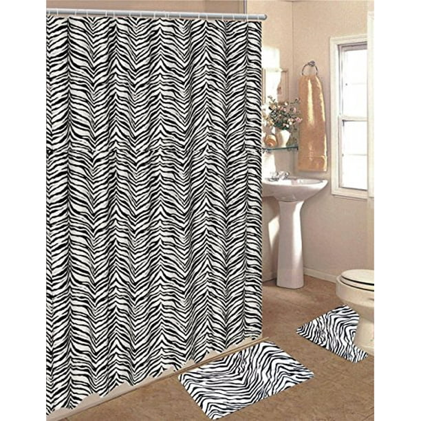 15 Piece Zebra Animal Print Memory Foam Bath Rug Set Bathroom Rugs With Fabric Shower Curtain And Decorative Rings Black White Zebra Walmart Com Walmart Com