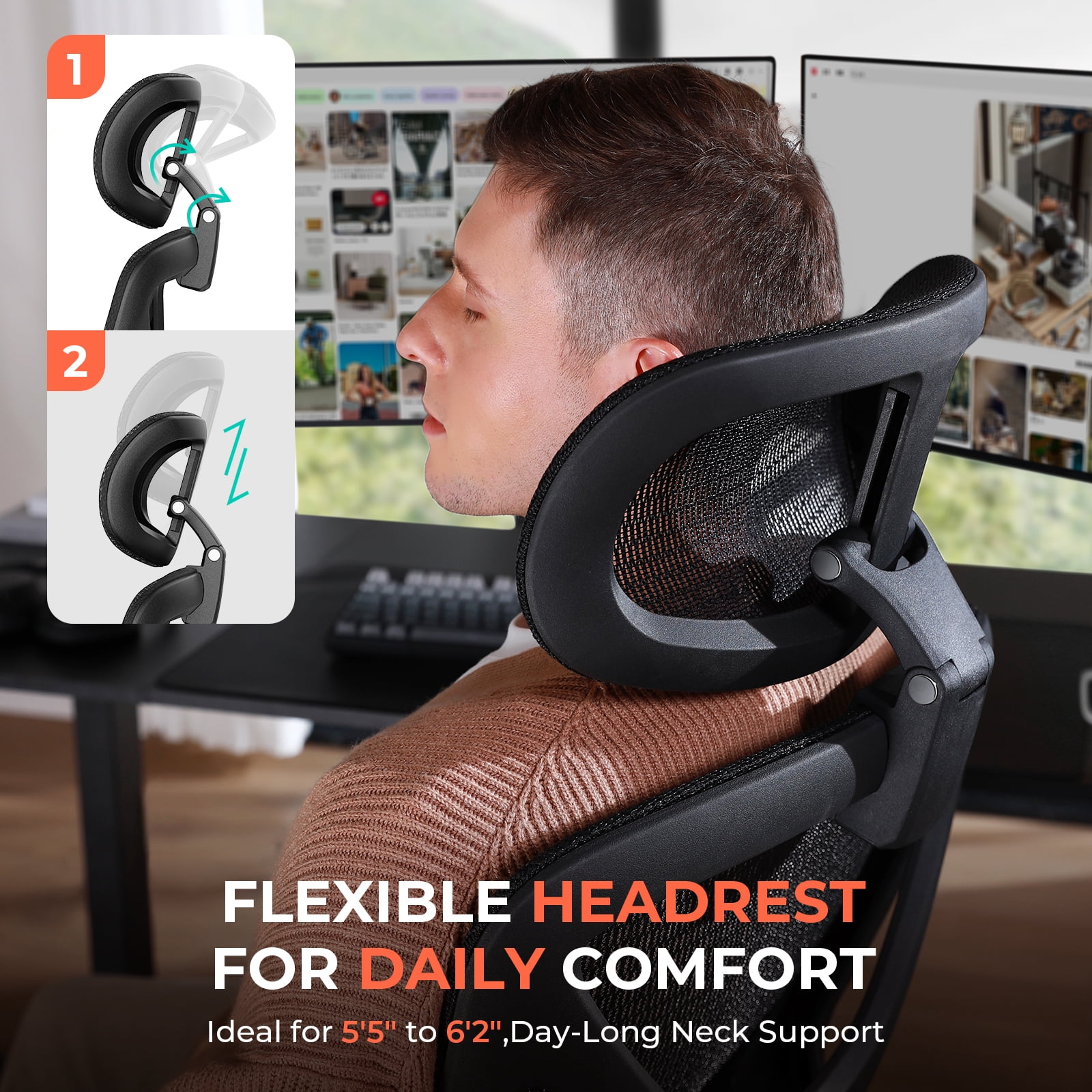 Ergonomic Mesh Office Chair with Adjustable Lumbar Support, Flip-Up Arms, Headrest, Swivel Task Chair for Home Office