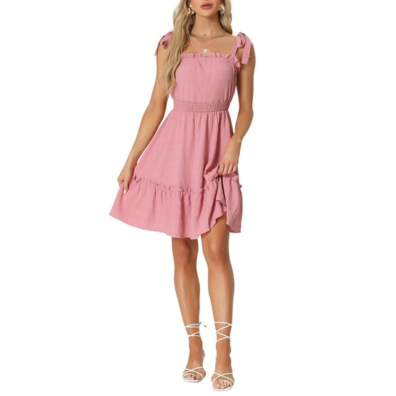 INSPIRE CHIC Women's Dress Smocked Waist Tie Strap Sleeveless A-Line Sundress XS Pink