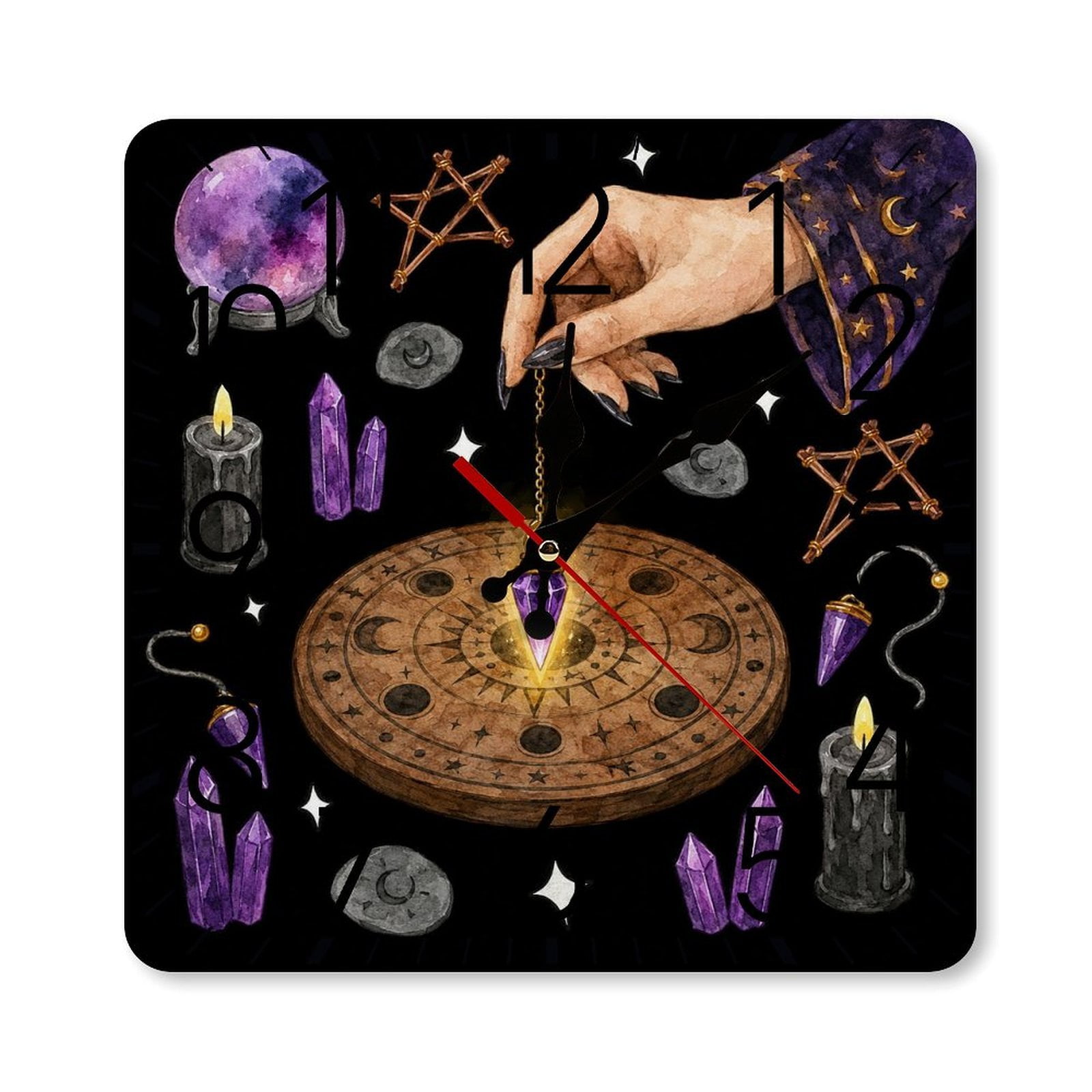 RKSupls 10×10inch Square Silent Wall Clock Wooden Frame, Mystical Hand Pendulum Crystal Ball Candles Scale Decorative Clock for Home Bedroom Living Room Office