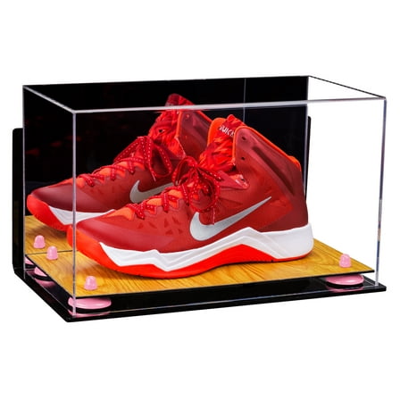 Deluxe Acrylic Large Shoe Display Case for Basketball Shoe Soccer Cleat Football Cleat with Mirror, Wall Mount, Pink Risers and Wood Base (A013-PNR)