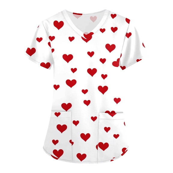 Valentine Day Scrub Tops for Woman Love Heart Print Cute Short Sleeve Plus Size Scrub Tops V Neck Medical Nursing Scrubs with Pockets Hot Pink XL