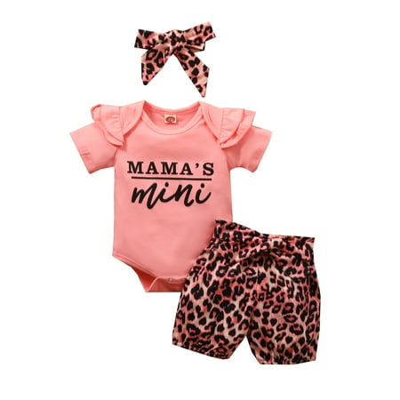 

Canrulo Newborn Baby Girl Clothes Letter Short Sleeve Romper Leopard Shorts Pants Headband 3PCS Clothes Pink 6-12 Months