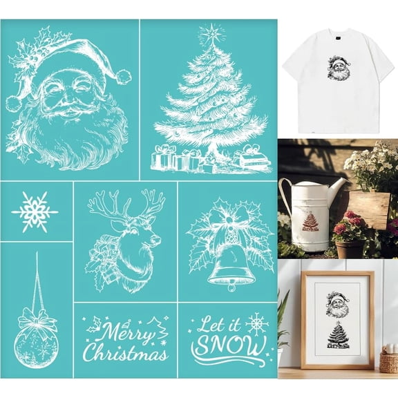 2 Sheets Christmas Theme Silkscreen Stencil Father Christmas Painting Stencils Templates Santa Claus Jingle Bell Self-Adhesive Silk Screen Printing for Wall Border Wood Fabric Home