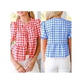 thumbnail image 4 of Yunliwuli Women Short Sleeve Shirts Plaid Front Three Bowknot Tie-Up Fashion Blouses Summer Casual Tops, 4 of 10