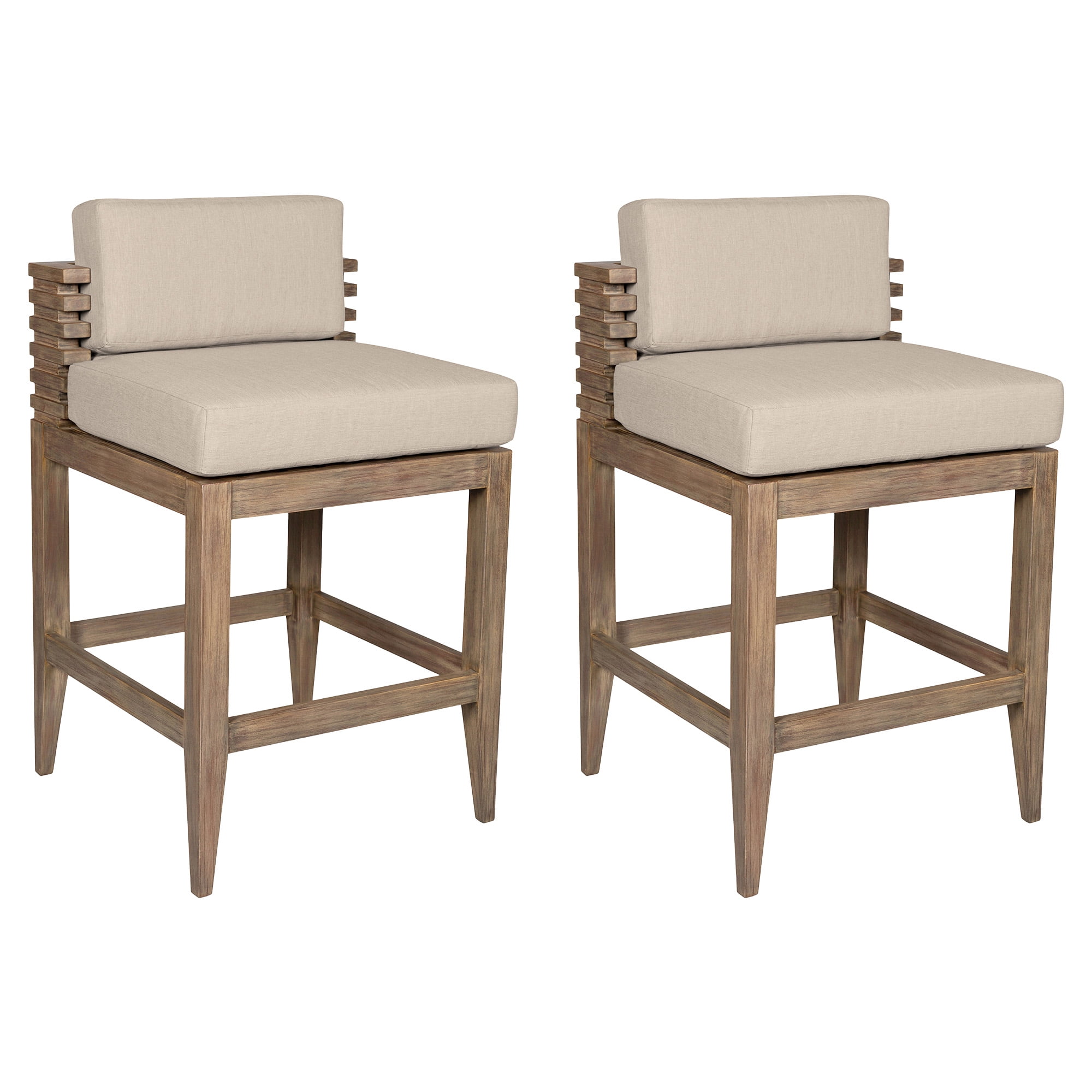 Vivid Outdoor Patio Counter Stool in Light Eucalyptus Wood with Taupe Olefin Cushions - Set of 2