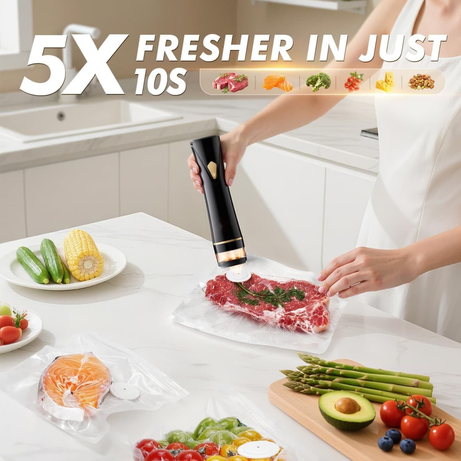 Vacuum Sealer Machine for Food Storage: Compact Food Sealer Saver 5X Fresh Longer, Handheld Detachable Water Tank, 10 PCS Vacuum Seal Bags for Kit