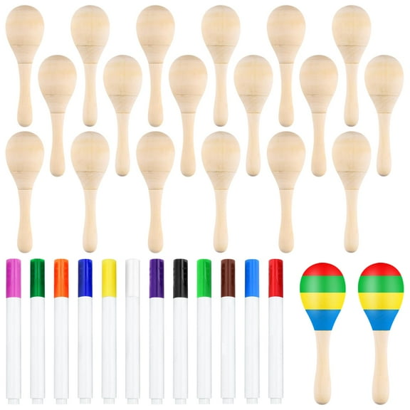 20Pcs DIY Wooden Maracas for Kids, Mini Maracas for Mexican Fiesta Party Favors with 12Pcs Multicolor Pens, Cinco De Mayo Party Supplies