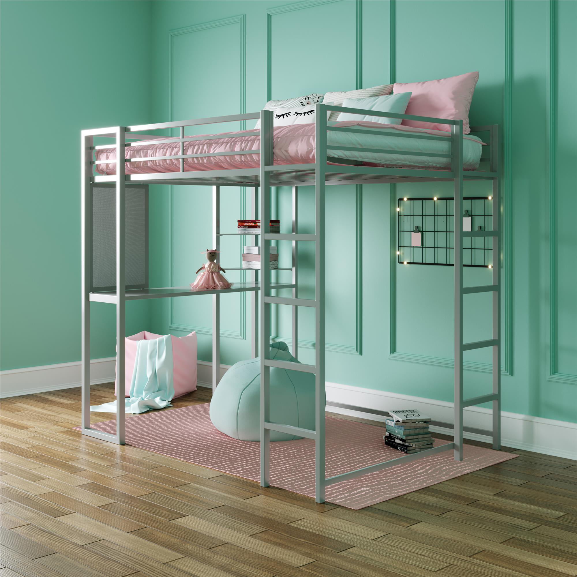 Walker Edison Twin Metal Loft Bed With, Twin Metal Loft Bed With Desk And Shelving