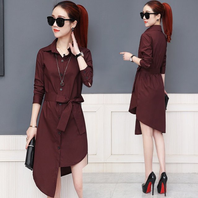 Camisa de longitud media para mujer, vestido camisero holgado y ajustado, de manga larga, Sexy, con cinturón Irregular, primavera y otoño