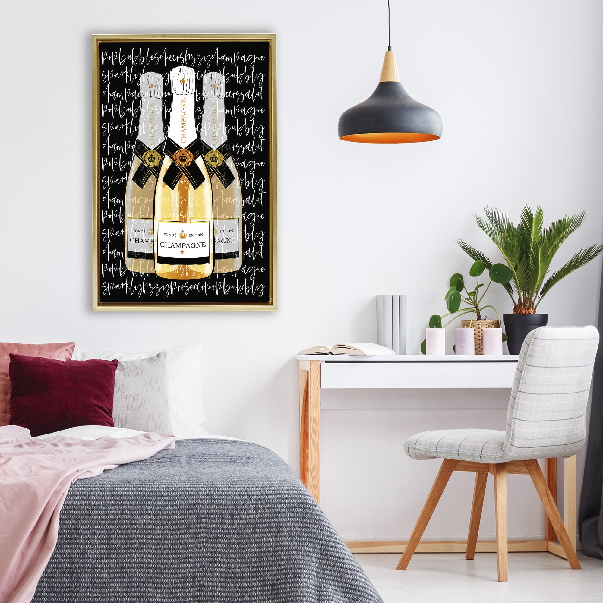 Stupell Industries Triple Champagne Bottle Love Gold Framed Floater Canvas Wall Art, design by Martina Pavlova