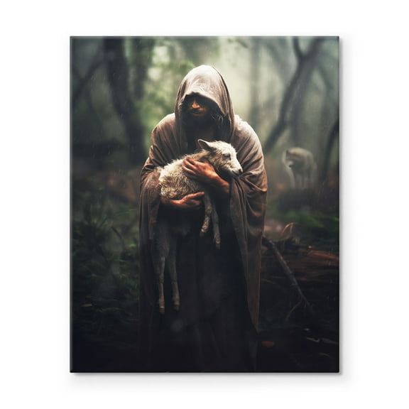 P&L Art Framed Canvas Wall Art - 20"x24" Jesus and Lamb Canvas Wall Art - Jesus Carrying Recovered Lamb (Against Wolf) Christian Entryway Decor