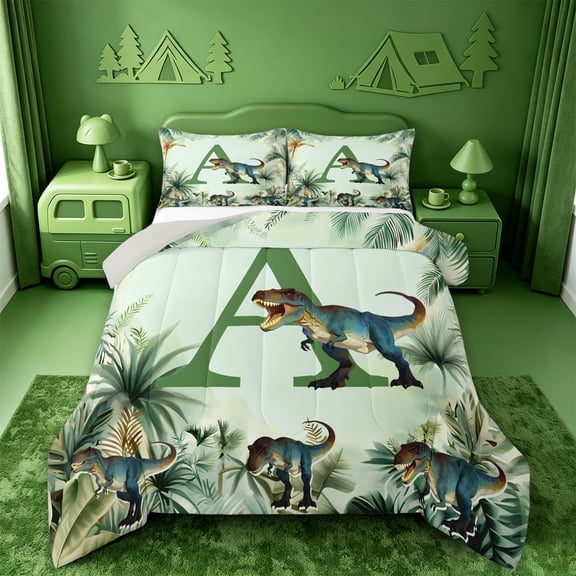meiyoeat dinosaur Alphebat A Full Size Comforter Sets,Tropical Botanical Print Bedding Comforter Set,Light Gray Reversible,3pcs,1 Comforter and 2 Pillowcases